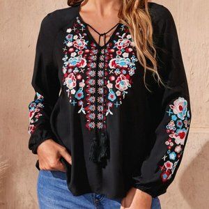 Floral Embroidery Tassel Tie Raglan Sleeve Blouse